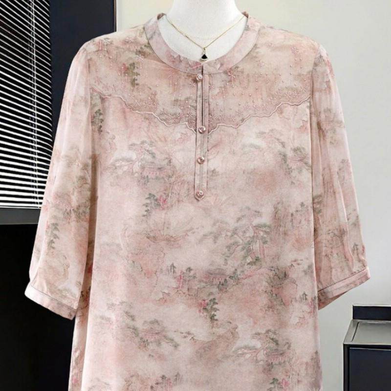 国风妈妈夏装洋派印花雪纺衫高贵上衣2026新款中老年女时尚T恤衫