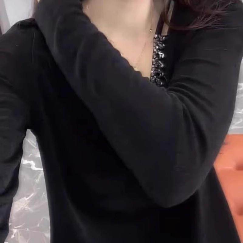 黑色V领长袖内搭衣女2025早春新款重工镶钻镂空设计大尺码百搭上