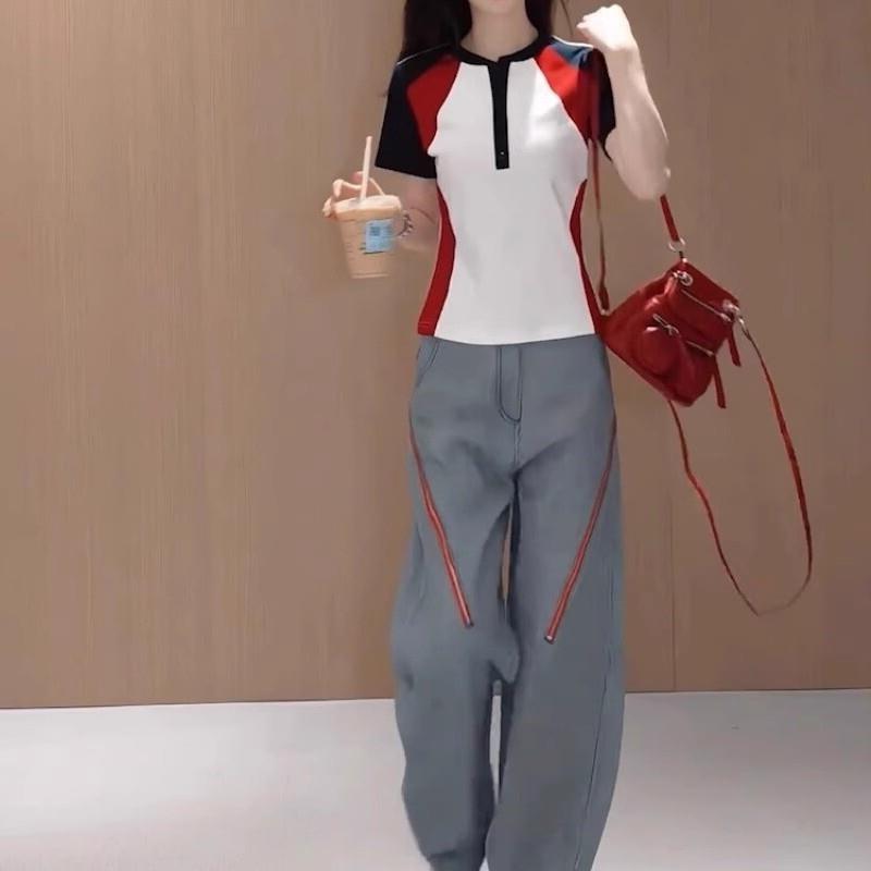 韩系休闲运动套装女夏季显瘦时尚减龄拼色短袖裤子两件套薄款洋派