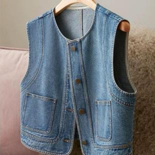 时髦洋气百搭叠牛仔马甲新款宽松短款小个子时尚无袖外套休闲上衣