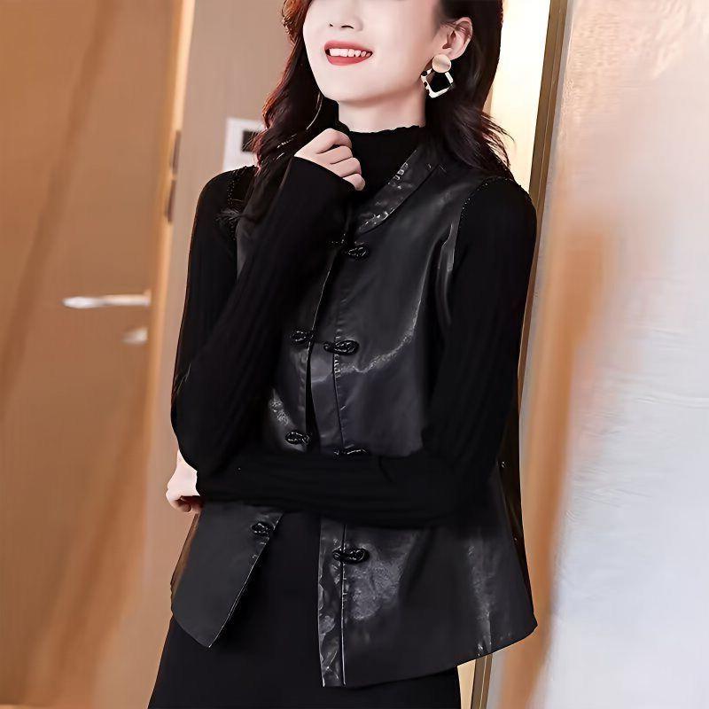 皮衣外套女2025新款海宁中国风复古女士马甲新中式盘扣外穿背心