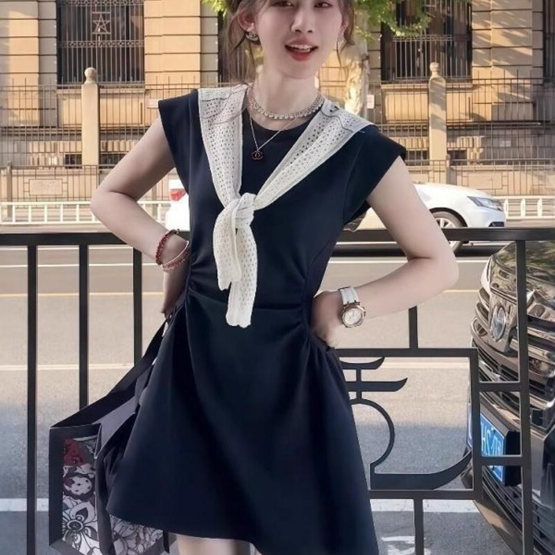 活力围巾领港风1/4吋套筒扳手袖洋装设计感独特减龄显瘦A字裙年轻