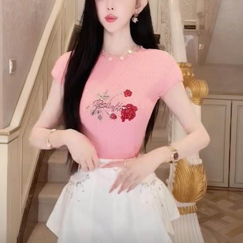 玫瑰甜衫烫钻玫瑰木耳边修身镂空针织无袖上衣