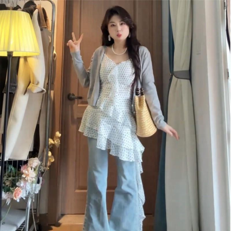 大码MM微胖春夏新款百搭灰色显瘦外套+波点吊带裙两件套装女