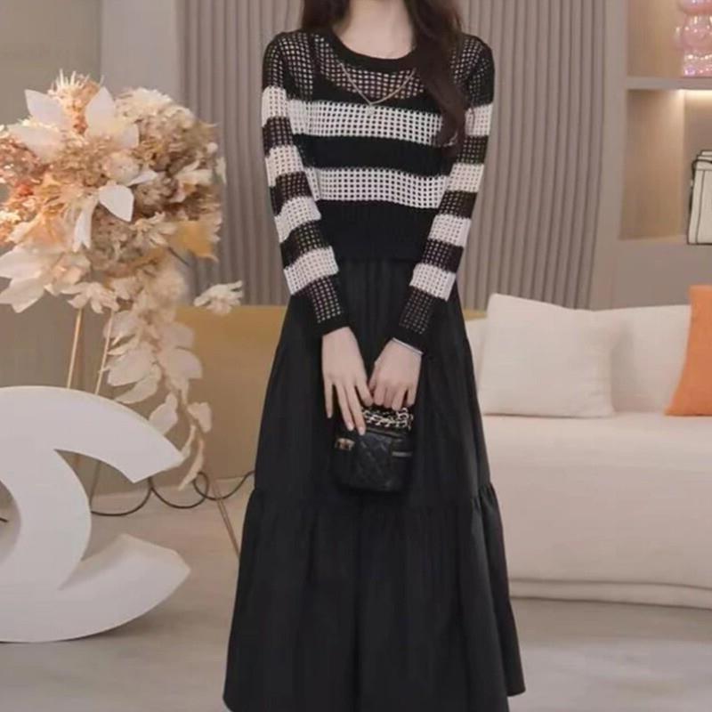 韩版时尚慵懒风套装女2024秋季镂空条纹针织衫+吊带两件式洋装