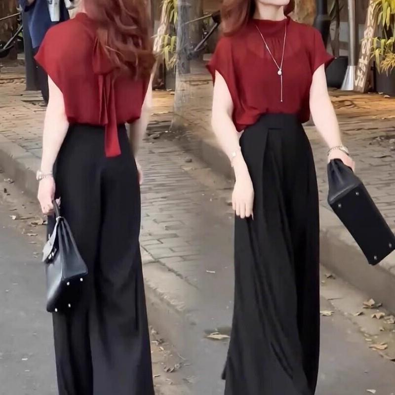 气质名媛高端时尚洋派套装女2025夏季大尺码欧货雪纺衫阔腿裤两件