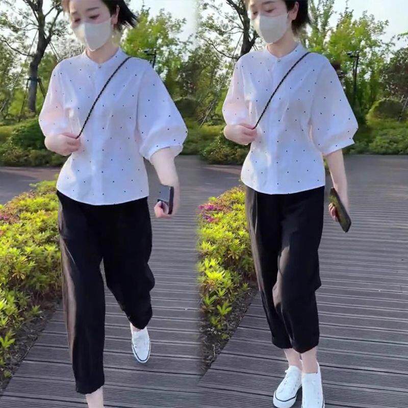 小清新波点衬衫休闲裤套装小个子盐系洋派减龄夏装搭配一整套韩系
