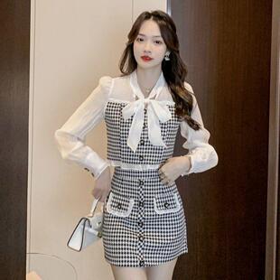 小香风裙雪纺木耳边拼接千鸟格两件套连衣裙春秋新款女装套装裙子