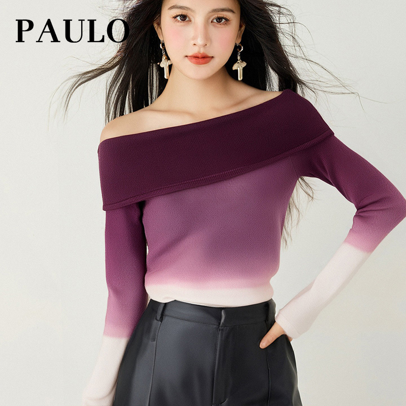 SRAVE PAULO 拉夫保罗优雅渐变一字肩毛衣女高级感慵懒长袖针织衫