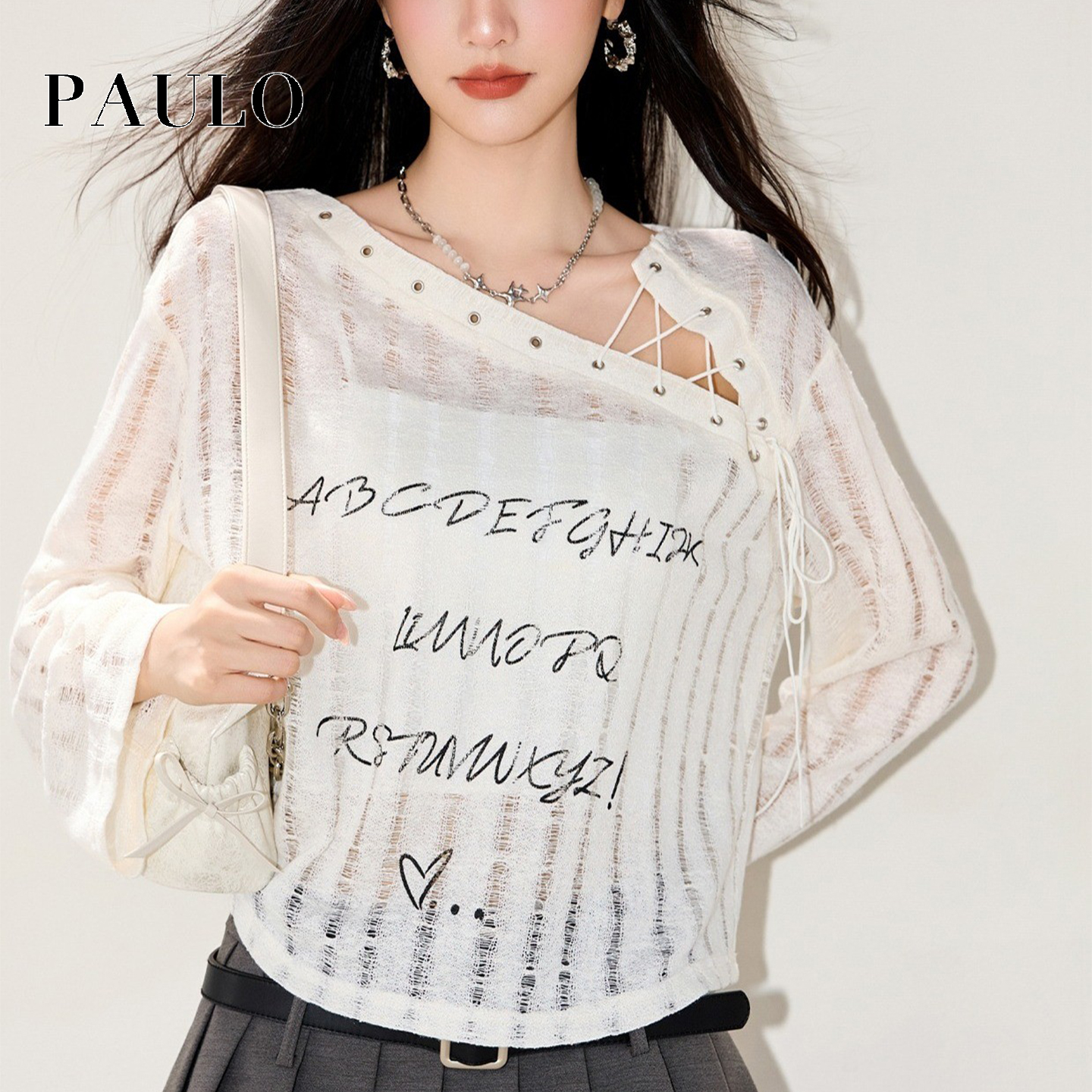 SRAVE PAULO 拉夫保罗英文字母微透视上衣女秋季新款小众T恤长袖