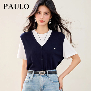 PAULO 时尚 SRAVE 拉夫保罗圆领夏季 潮上衣 显瘦假两件针织衫 女短袖