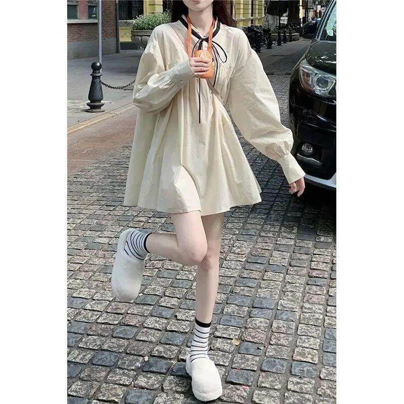 【520特惠】法式长袖泡泡袖连衣裙女新款茶系衬衫娃娃裙短裙