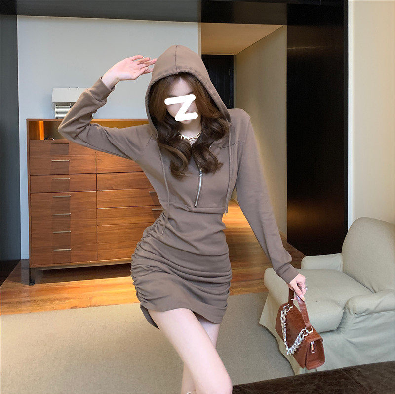 连帽卫衣裙包臀连衣裙女装新款名媛灰黑收腰显瘦长袖裙子