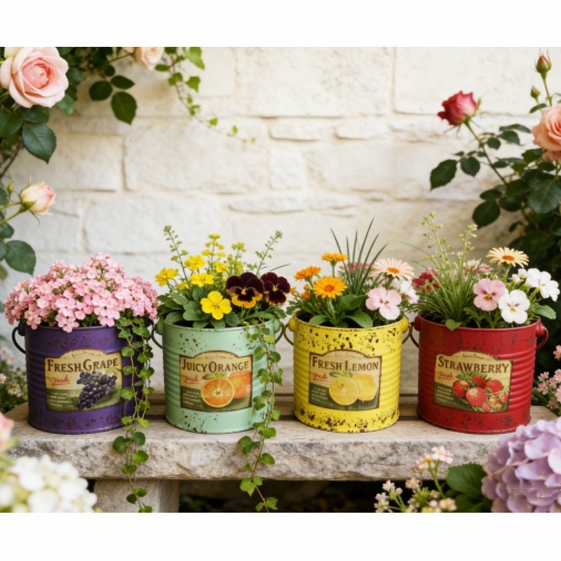 包邮复古水果印花手提贴纸铁艺桶田园风装饰花桶别墅庭院阳台花盆,鲜花速递/花卉仿真/绿植园艺,花盆,淘宝优惠券,粉丝福利购,淘宝优惠卷