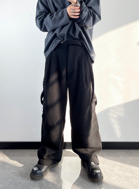 【现货】老钱风BV风加厚羊毛呢阔腿西装裤带腰带垂感Cargo休闲裤