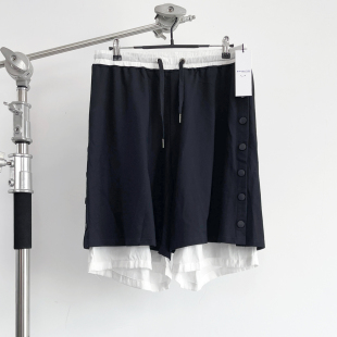 侧排扣开衩假两件拼接冰丝运动休闲宽松百搭五分短裤 现货