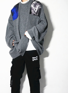 【现货】B.N自主RAF19FW高定蓝丝绒人像OVERSIZE长款宽松男女毛衣