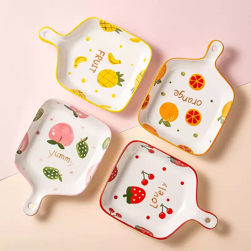 水果可爱陶瓷带把手柄盘子菜盘家用儿童早餐餐盘烤盘烤箱专用餐具