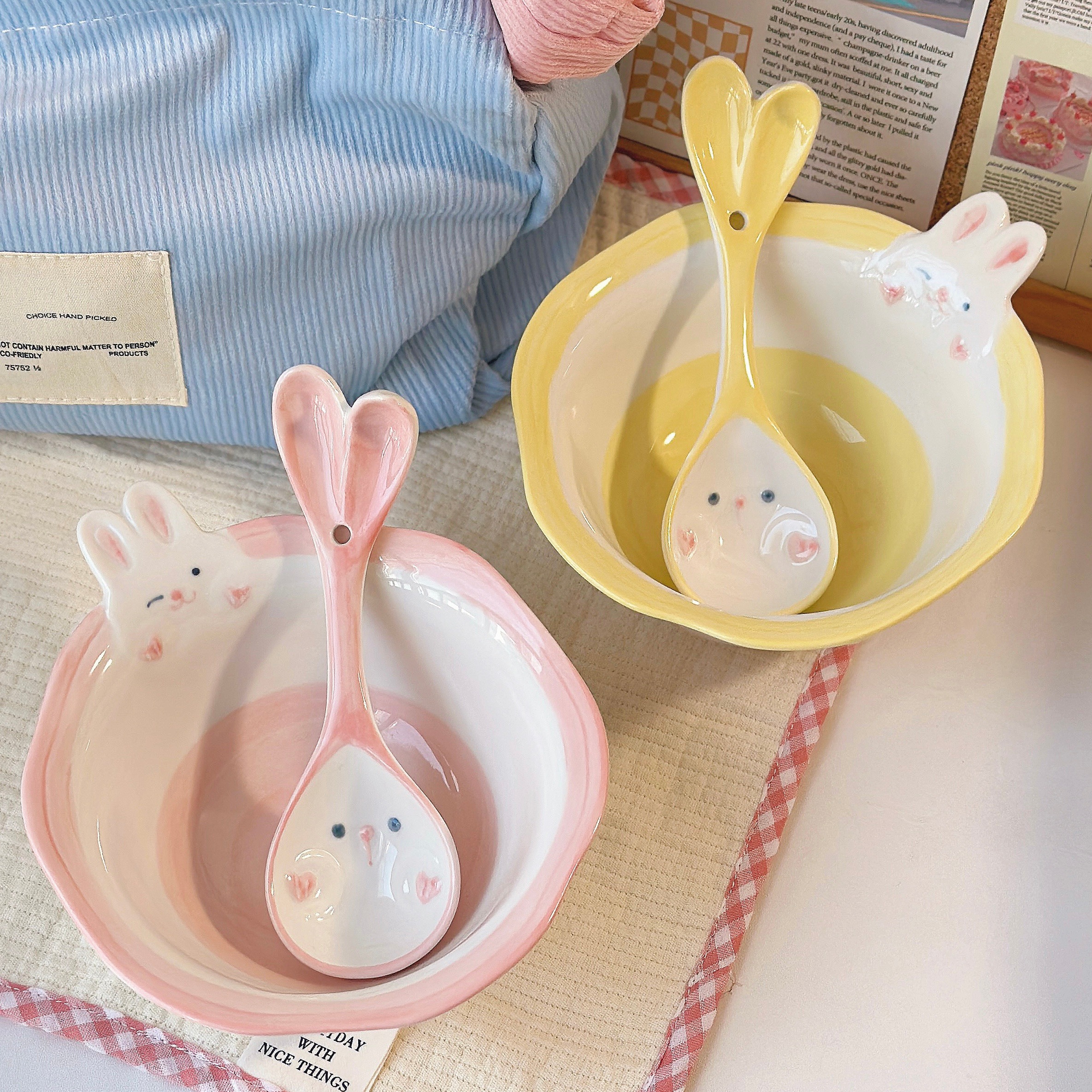 啵啵兔可爱卡通高颜值网红款陶瓷米饭碗勺盘子家用餐具套装釉下彩