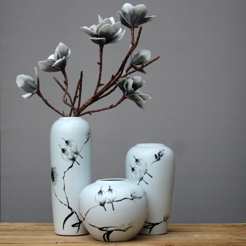 新中式现代摆件插花陶瓷手绘梅花瓶三件套酒柜装饰摆设中国风陶罐
