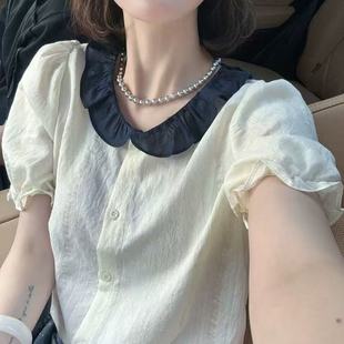 撞色花边重工小衫