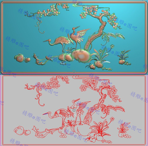 精雕图檀雕松鹤靠背中板灰度图花鸟浮雕精品仙鹤戏水背板464x232