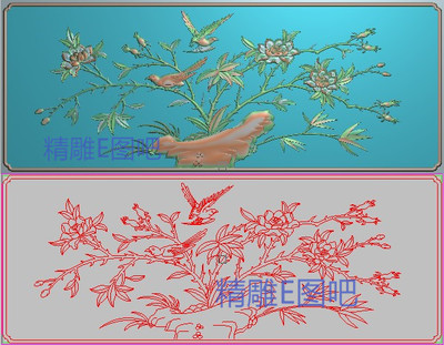 新款精雕图玫瑰花鸟靠背灰度图浮雕竹子月季鸟背板挡板横565x219
