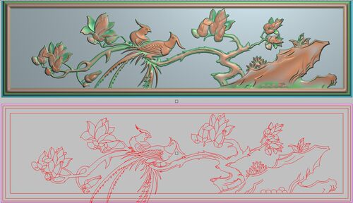 精雕图花鸟扶手侧板灰度图浮雕图精品玉兰花凤凰扶手下花424x119