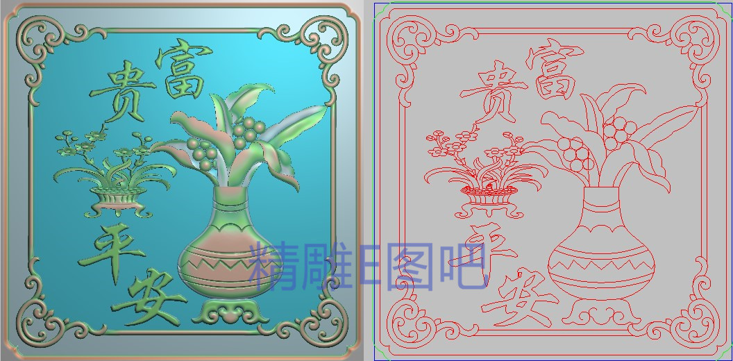 新款精雕图富贵平安花瓶灰度浮雕图梅花兰花花瓶背板门板320x320