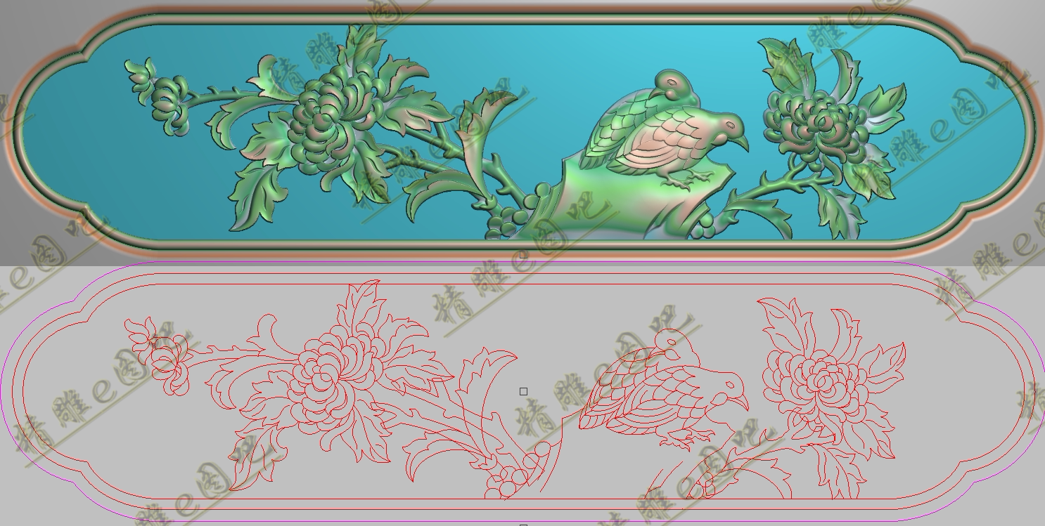 精雕图jdp灰度图bmp浮雕图菊花双鸟围板横板挡板侧板395x98富贵