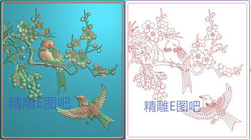 精雕图檀雕花鸟梅花背板灰度浮雕图梅花葡萄喜鹊面板门板250x280