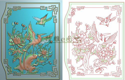 精雕图jdp灰度图浮雕图凤凰牡丹边板230x301檀雕花鸟背板门板后板