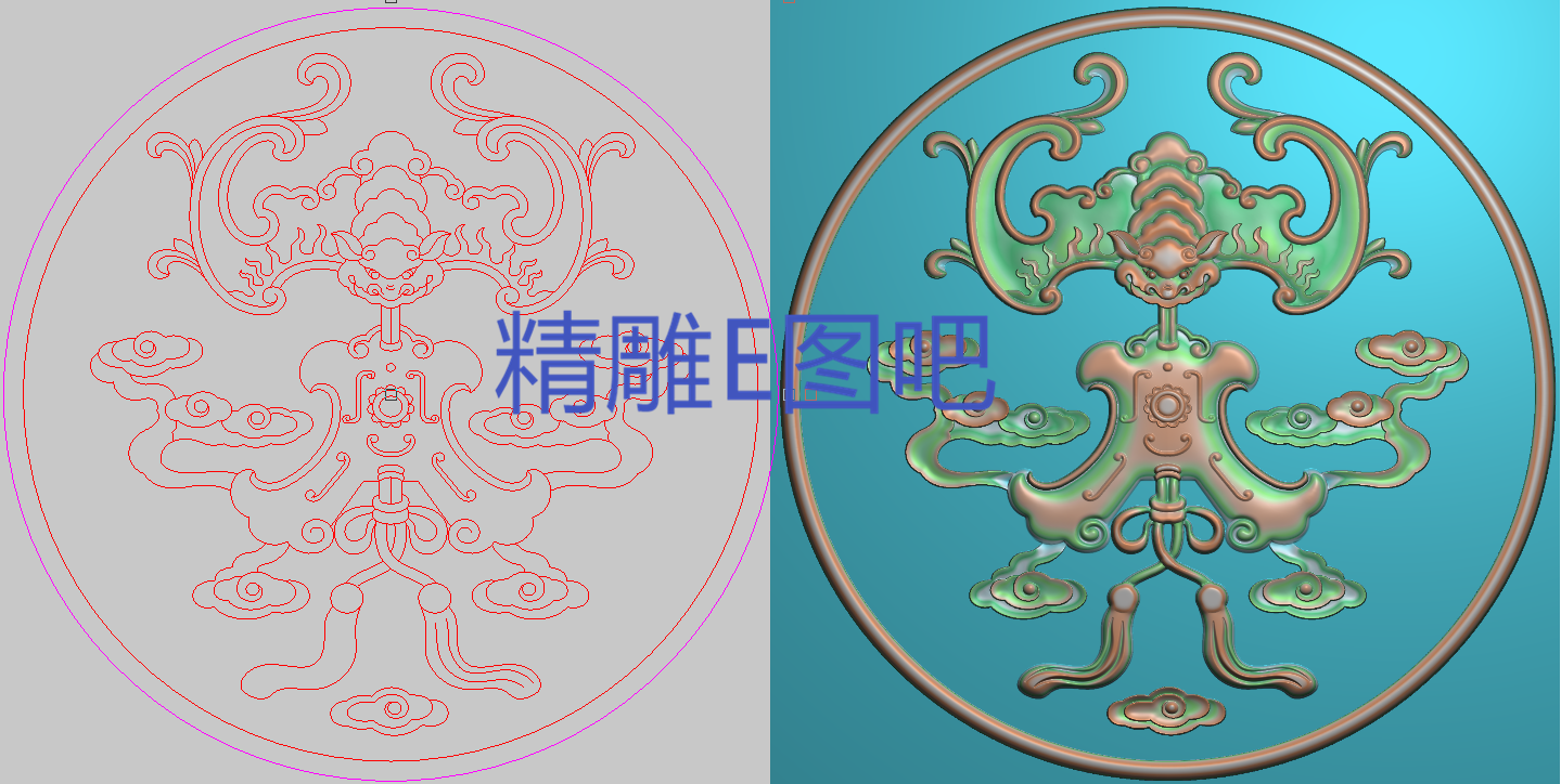 精雕图灰度图浮雕图石雕蝙蝠吊如意祥云流苏圆形背板门板196x196