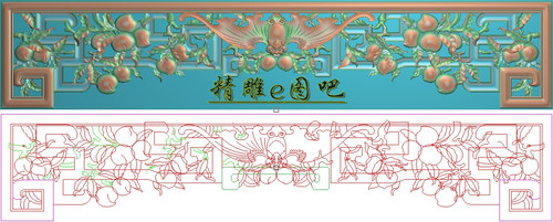福禄寿蝙蝠寿桃挂落精雕图灰度浮雕玄关门楣仿古镂空隔断734x142