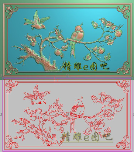 精雕图檀雕花鸟沙发椅背板浮雕图精品柿子鸟-事事如意靠背489x280