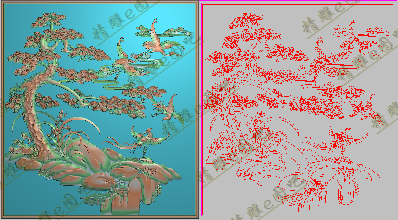 精雕图浮雕松树兰花山水仙鹤凤凰花鸟背板门板后面板849x937深10