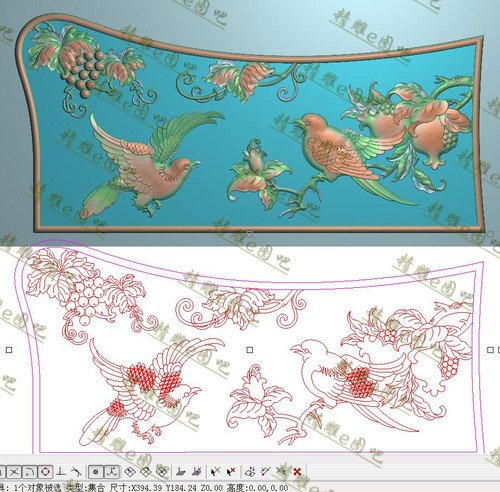 石榴葡萄花鸟精雕图灰度图浮雕图多子多福扶手下花板侧板394x184