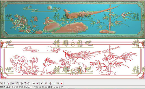 祥云牡丹花锦鸡床靠背精雕图浮雕图花鸟沙发背板竹子凤凰1050x280
