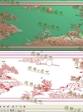 双鹿梅花精雕图靠背灰度浮雕祥云山水梅花鹿沙发床背板横1092x319