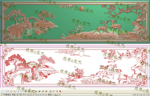 双鹿梅花精雕图靠背灰度浮雕祥云山水梅花鹿沙发床背板横1092x319