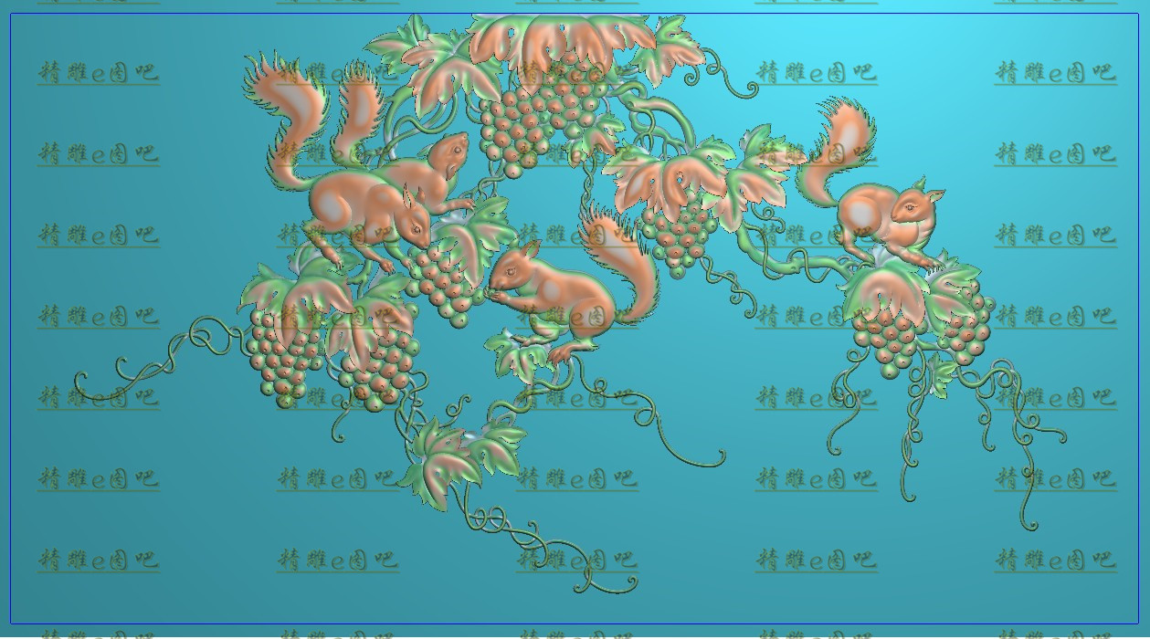葡萄松鼠精雕图灰度图浮雕图电脑雕刻檀雕松鼠戏葡萄背板840x455
