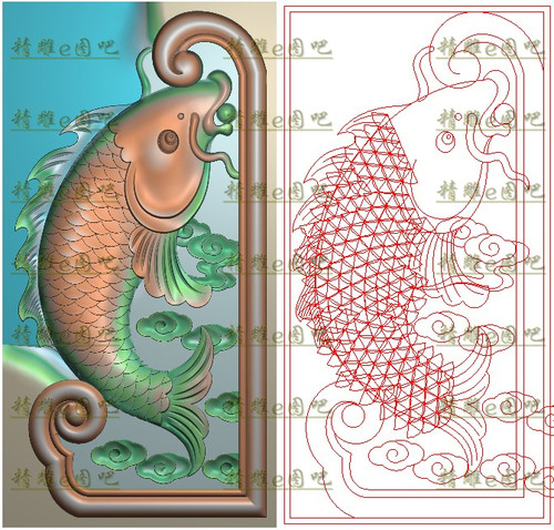 鱼精雕图灰度图浮雕图电脑雕刻精品沙发靠头边板耳朵鲤鱼134x261