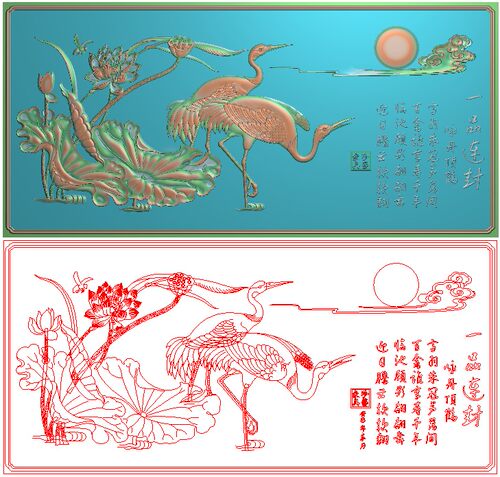 高清设计素材精雕图灰度图精品 荷花莲花仙鹤眷书沙发背板875x413