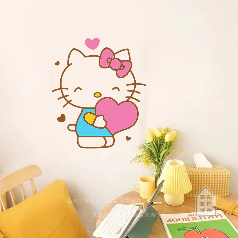 可爱卡通kitty凯蒂猫墙贴纸少女心温馨浪漫卧室床头背景墙壁装饰