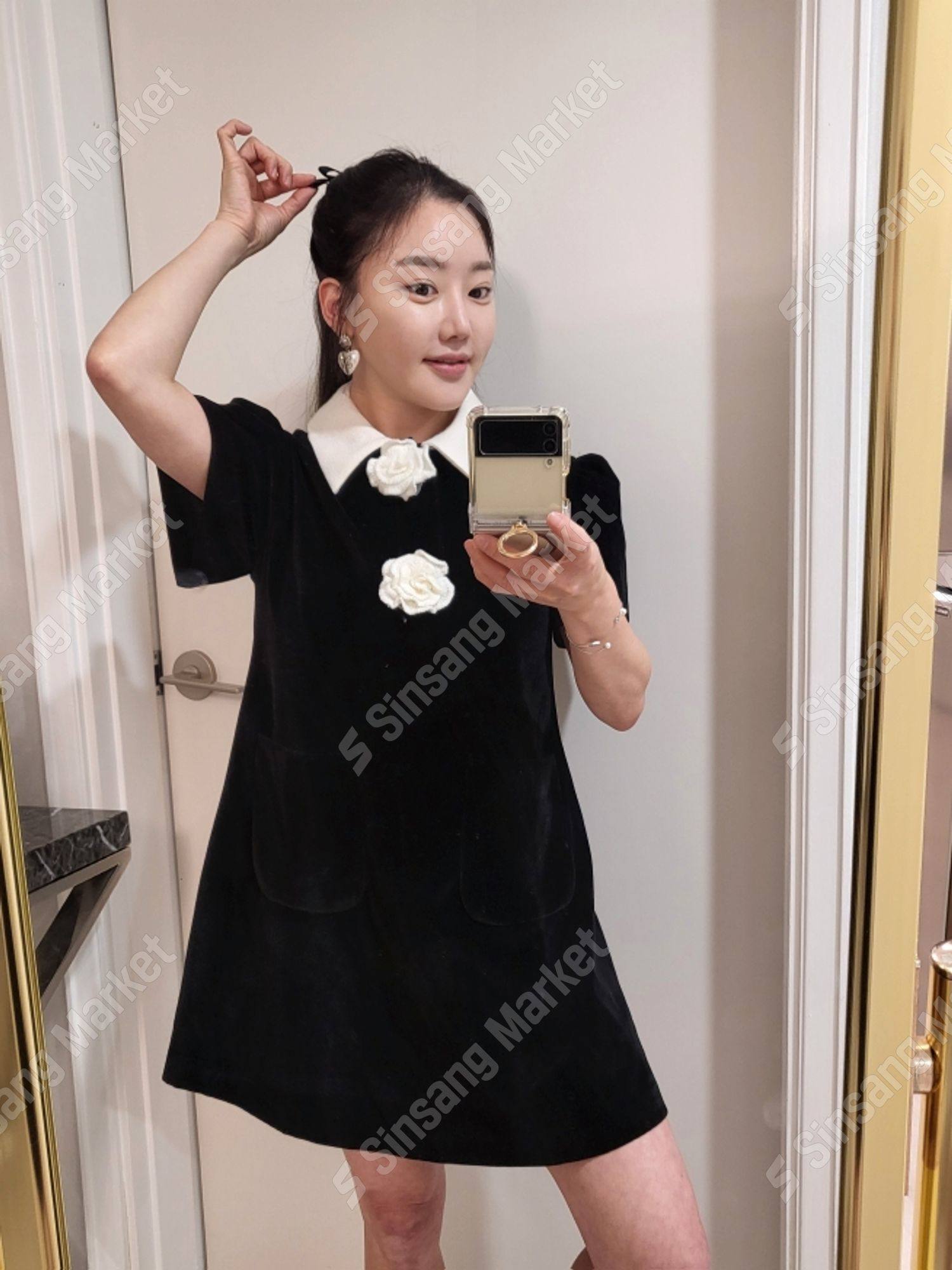 韩国直邮东大门正品代购2025冬季新款 been 小香风翻领花朵连衣裙