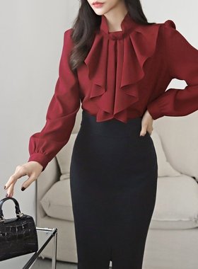 韩国直邮东大门代购正品2025秋冬 1roha 高贵气质荷叶边领结衬衫