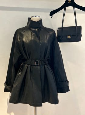 韩国直邮东大门代购2026秋季 double j 大气立领自带腰带皮衣