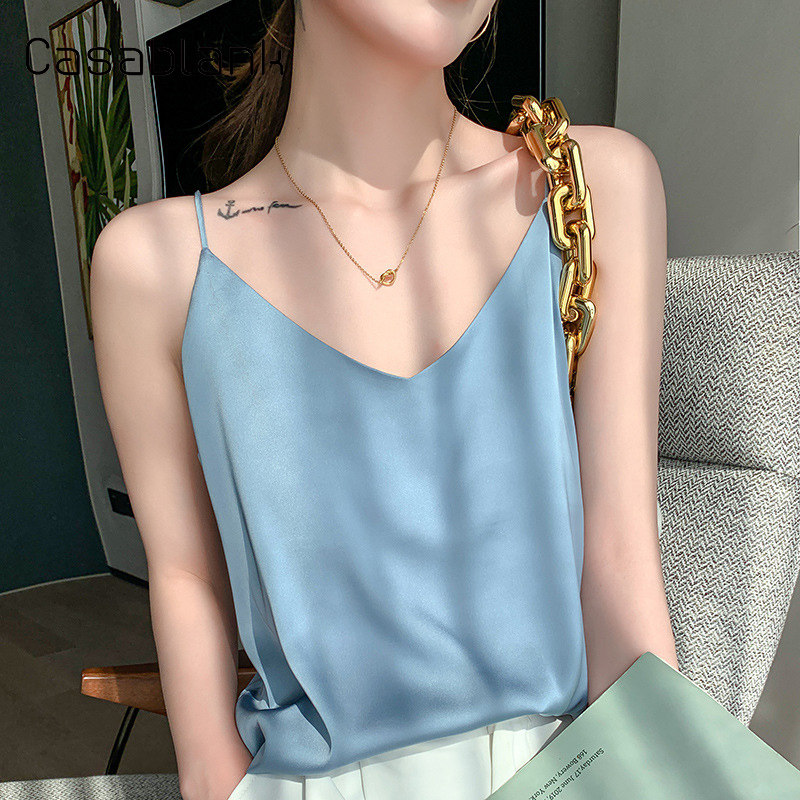 Casablank夏新款真丝吊带背心女内搭西装宽松打底缎面v领百搭上衣