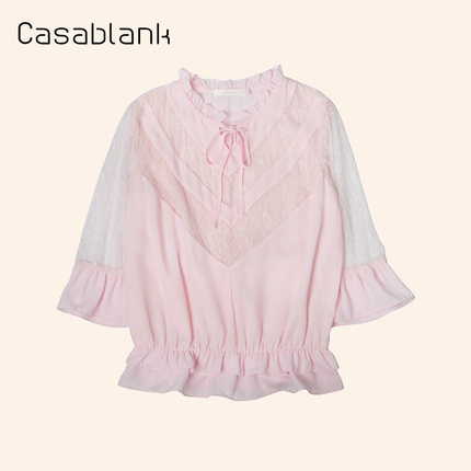 Casablank卡莎布兰卡春秋流行韩版超仙时尚蕾丝雪纺中袖衬衫上衣