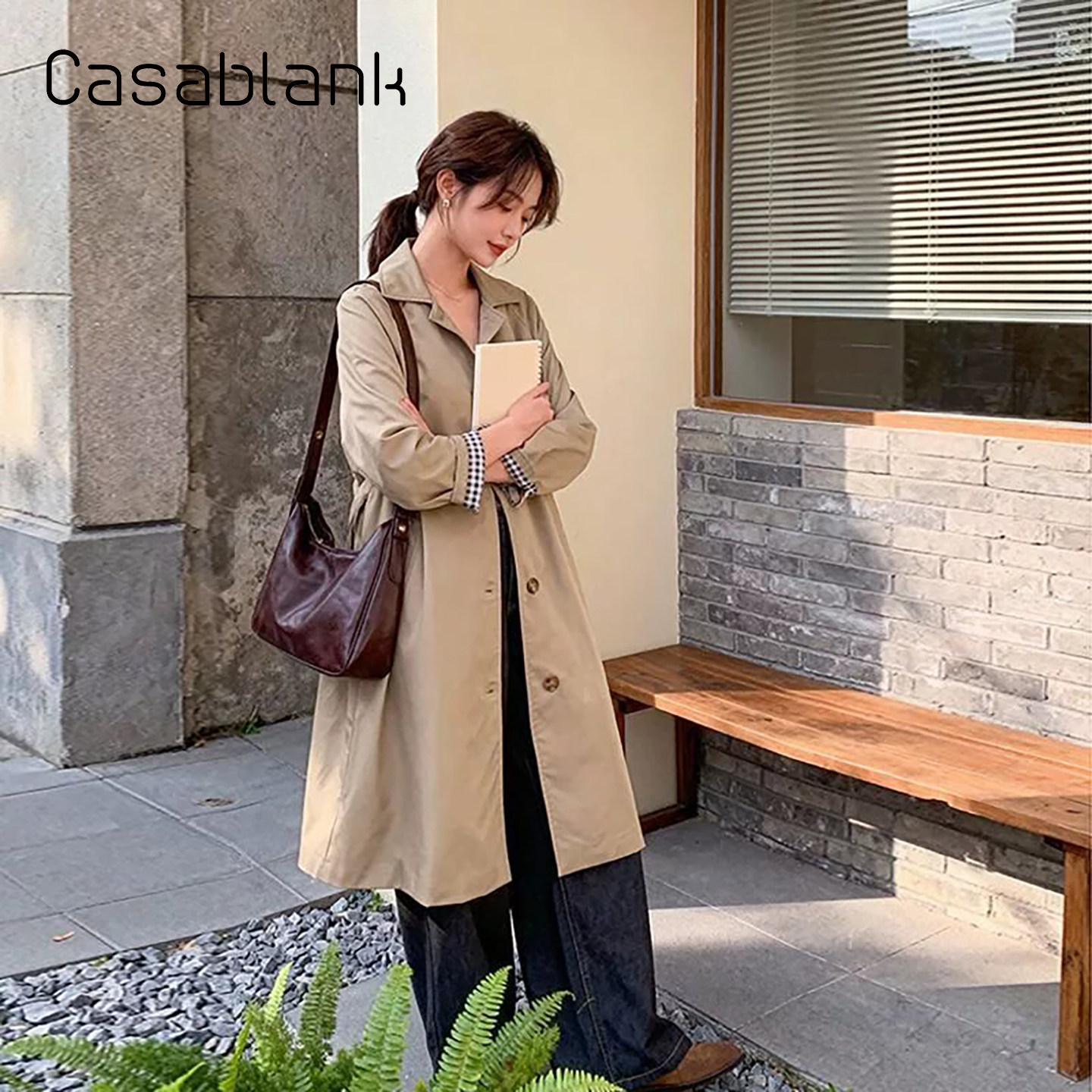 极简翻领双排扣中长款风衣女通勤
